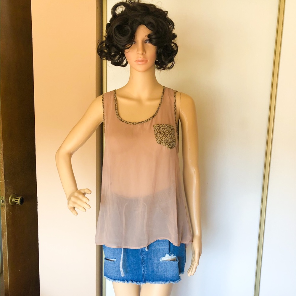 Beige chiffon tank top with leopard print. Women’s size small
